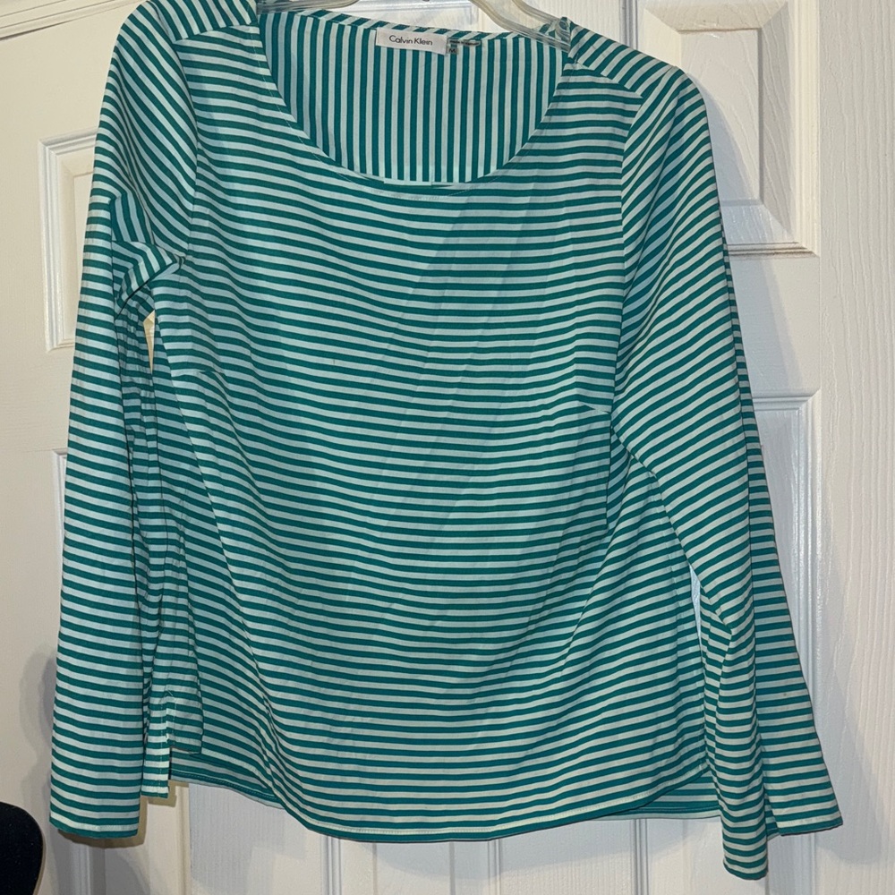 Calvin Klein Teal and White Striped Long Sleeve Top